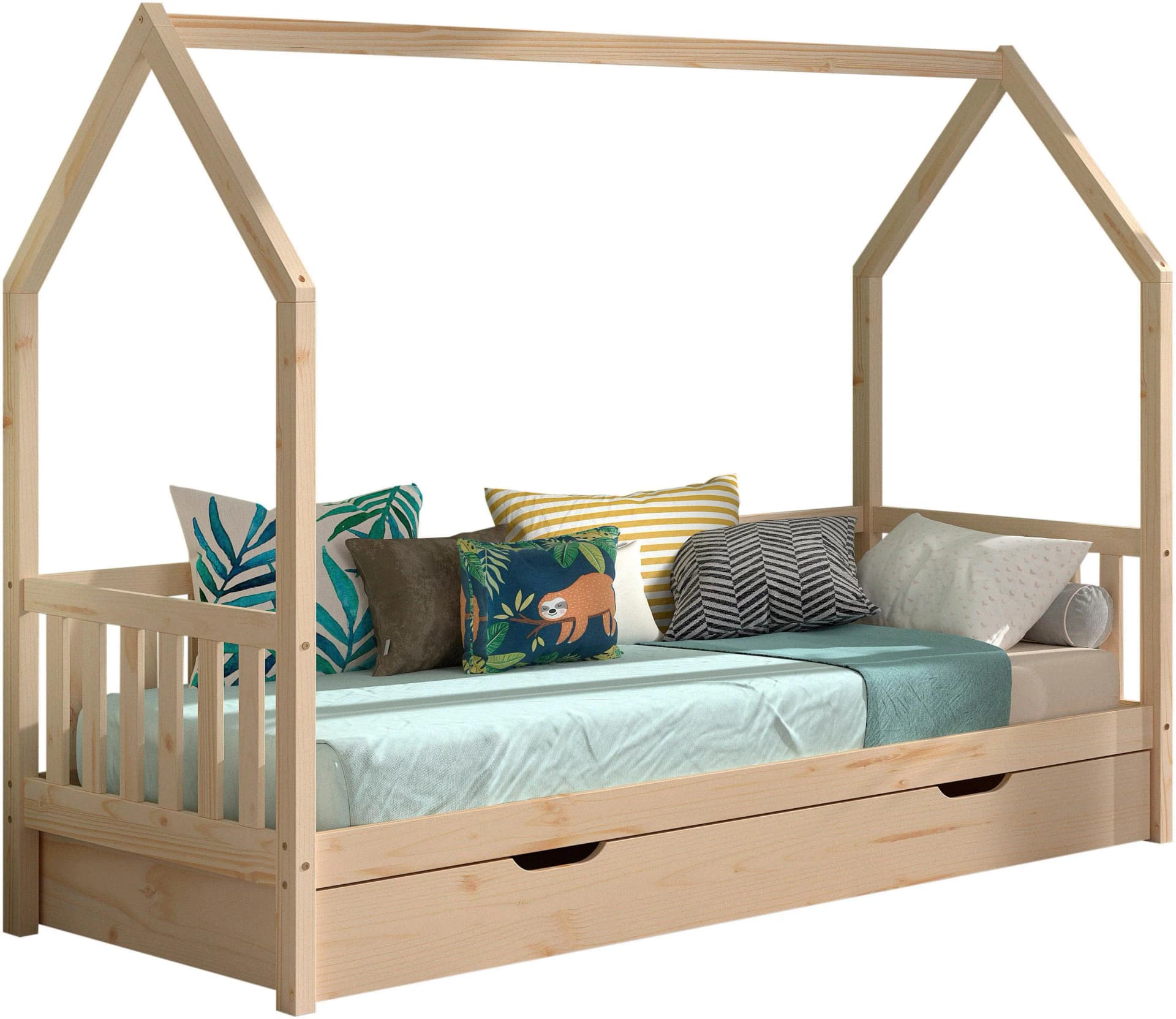 VIPACK Hausbett Cabane mit Dachaufbau und Bettschublade Natur
