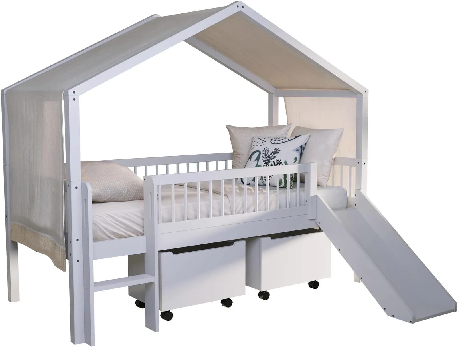 VIPACK Hausbett Weiß Buche massiv inkl. Dach, Leiter, Rutsche