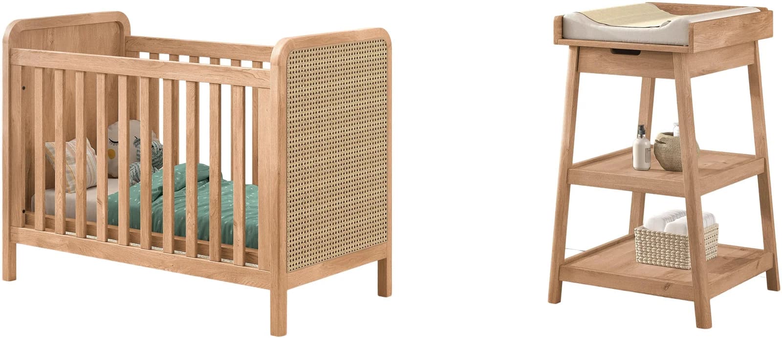 VIPACK Babymöbel-Set Woods best. Babybett 60x120 cm & Wickelkommode Eiche Natur