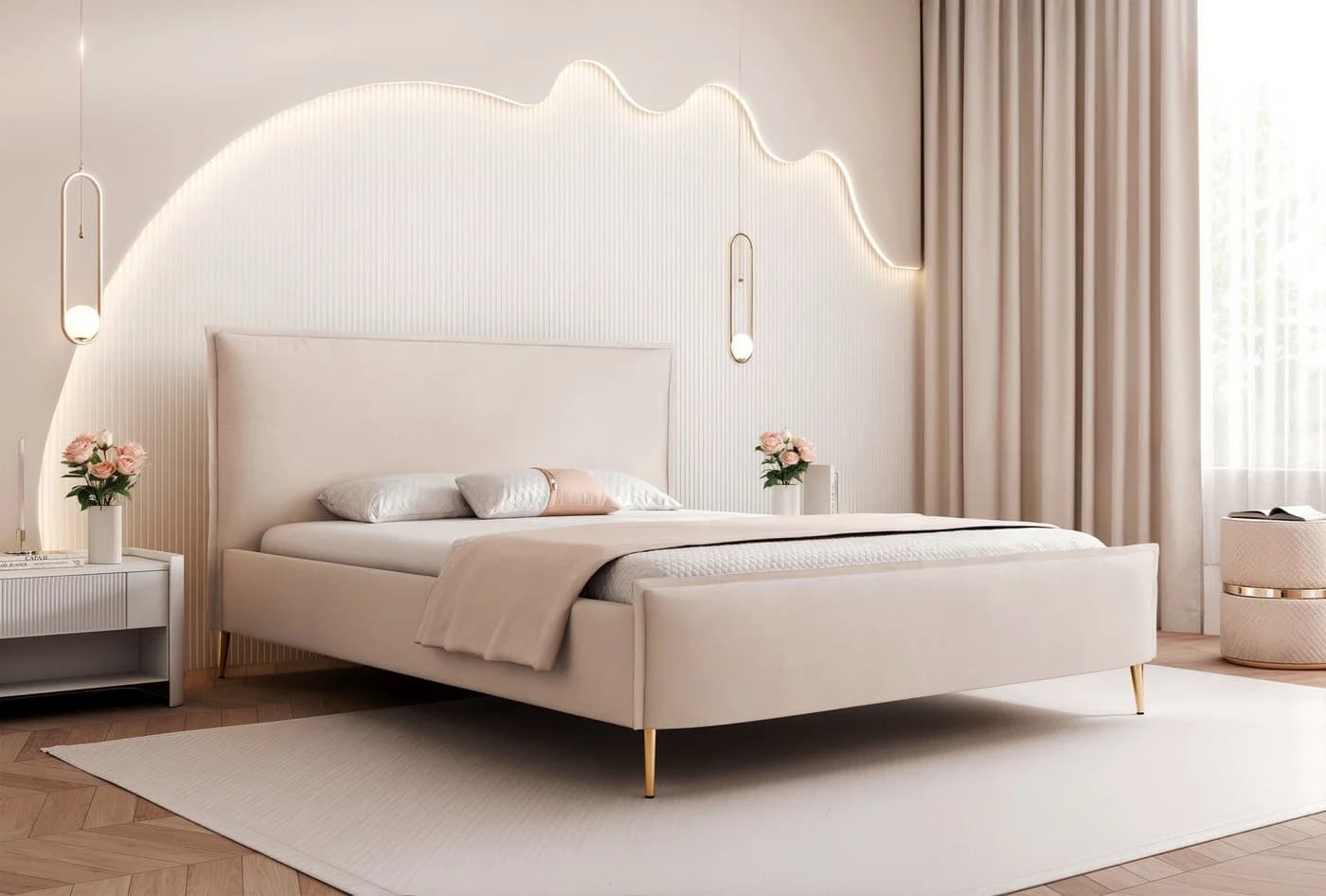 Goldstoff Polsterbett ETERNIA mit Bettkasten und hohen Beinen - Bild 2