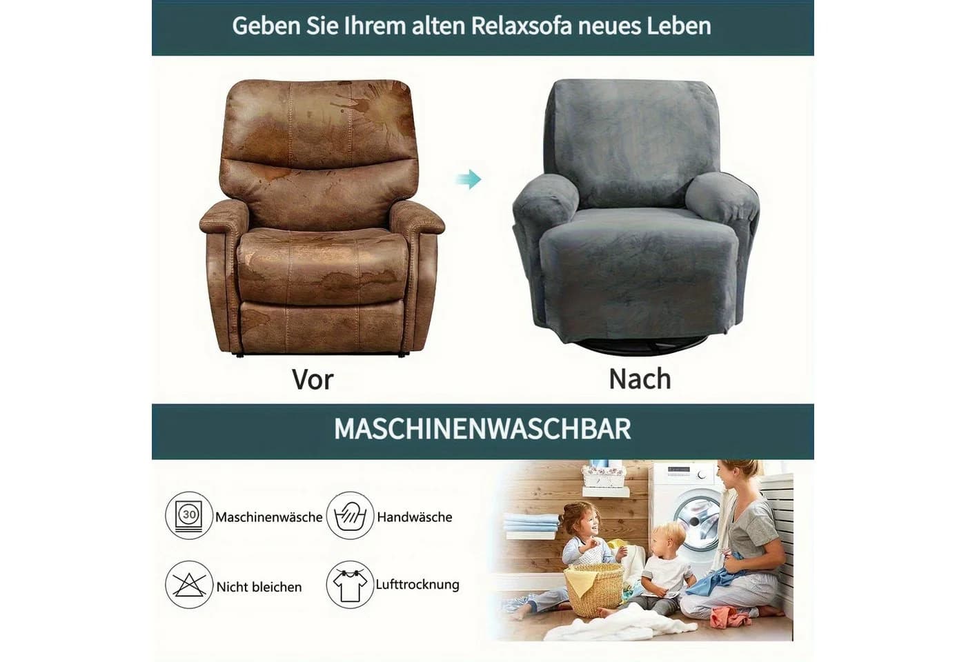 Coonoor Relaxsesselhusse Samt Grau Stretchbezug mit Taschen - Bild 5