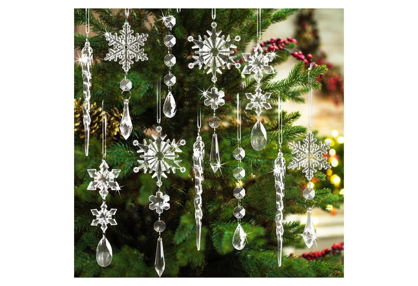 Coonoor 18-tlg. Christbaumschmuck Acryl Schneeflocken & Eiszapfen Transparent - Bild 2