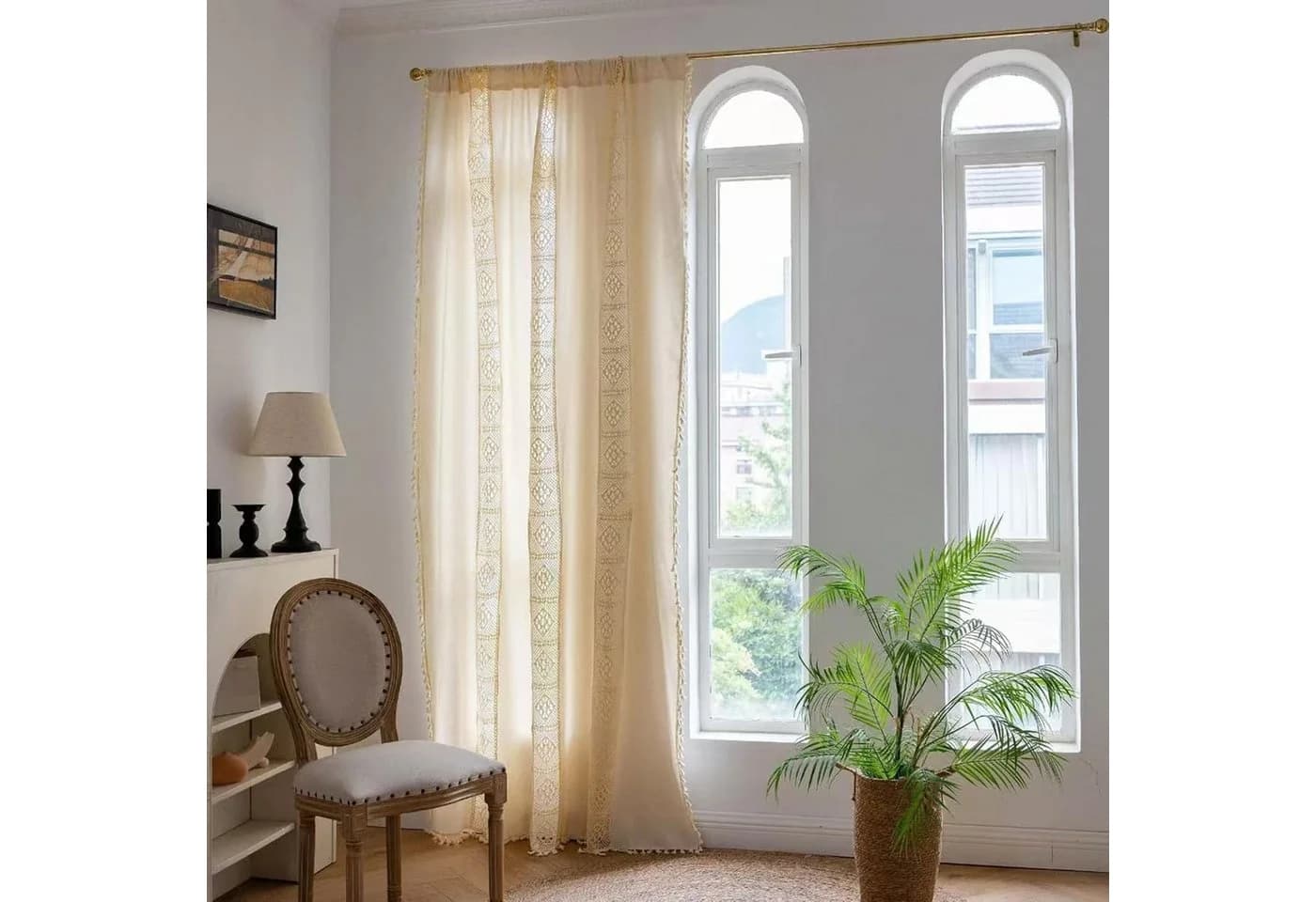 Kaket Gardine Boho Leinen-Baumwolle Beige Stangentasche