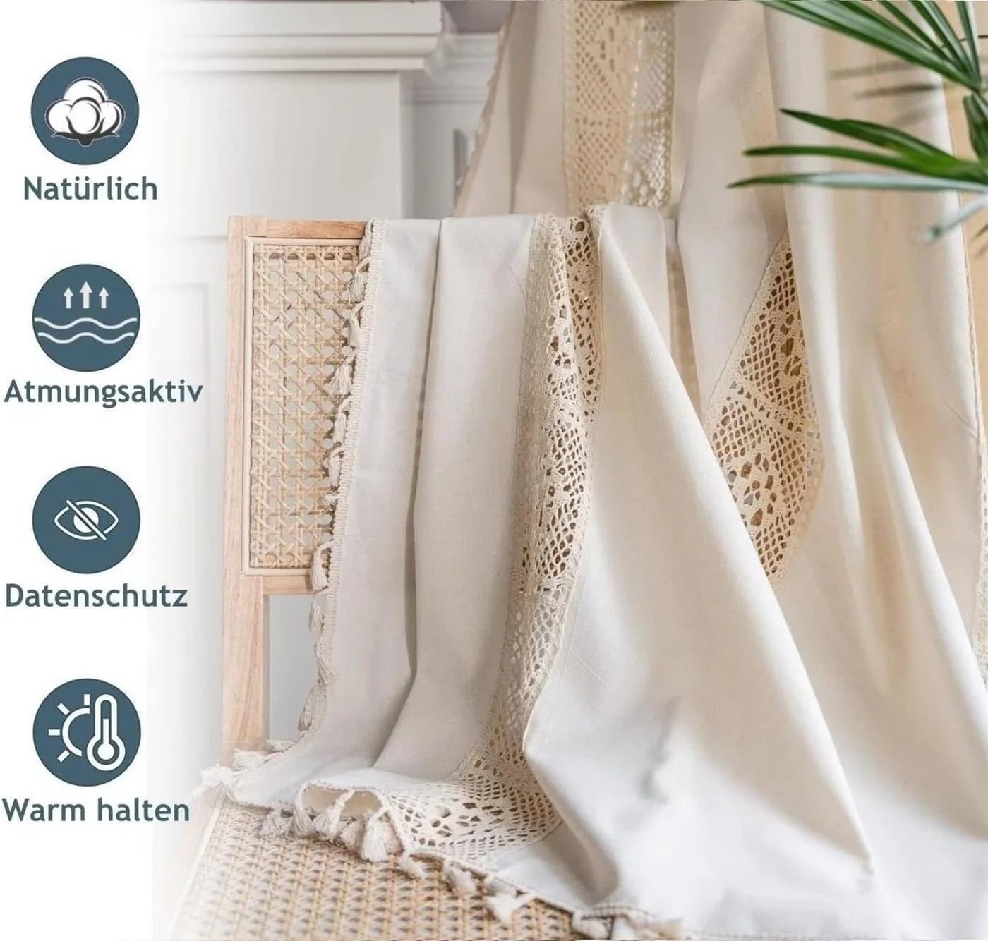 Kaket Gardine Boho Leinen-Baumwolle Beige Stangentasche - Bild 3