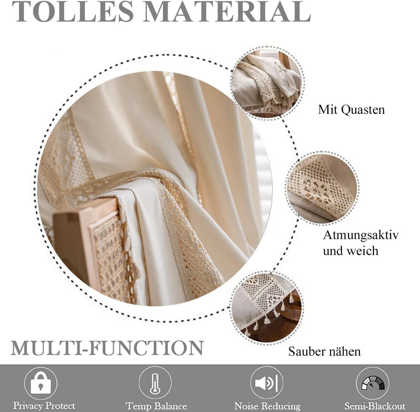 Kaket Gardine Boho Leinen-Baumwolle Beige Stangentasche - Bild 4