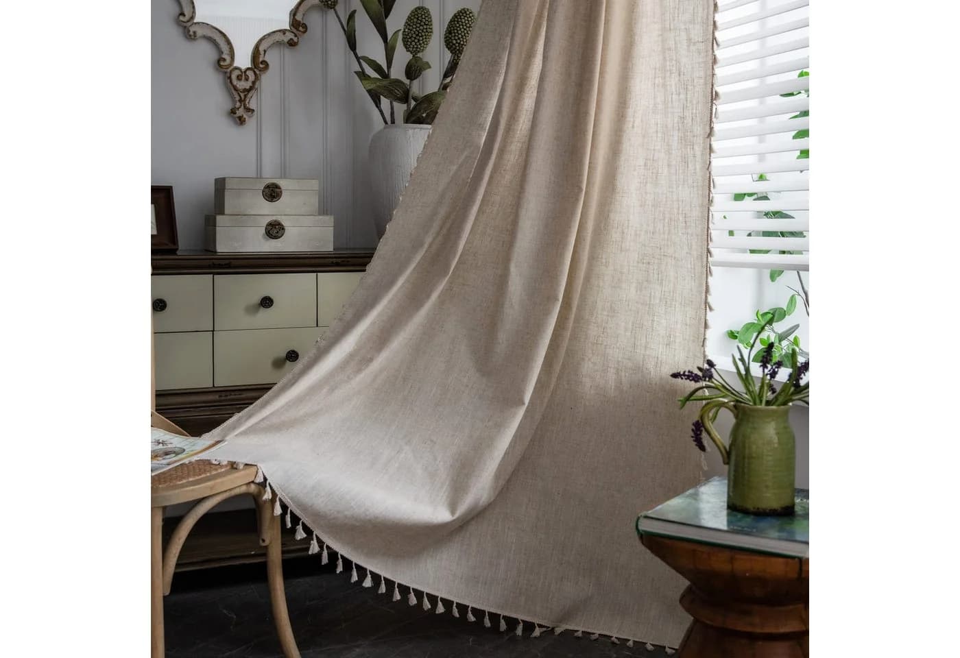 Kaket Gardine Boho-Leinen Vorhänge mit Quasten für Wohnzimmer & Schlafzimmer - Bild 4