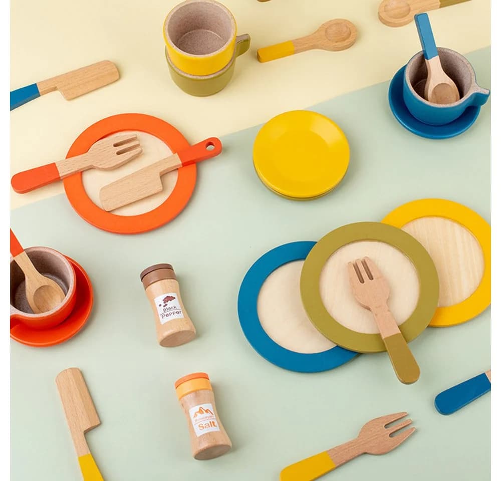 CLTYQ Spielgeschirr Holz 26-tlg. - Kinderküchen Zubehör Montessori