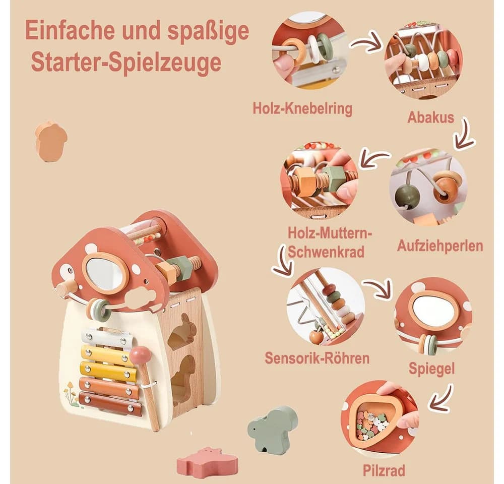 CLTYQ Motorikwürfel Holzspielzeug 5-in-1 Rosa Pilz Montessori - Bild 4
