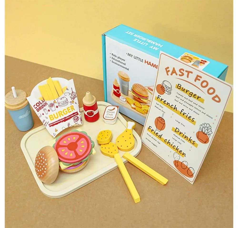 CLTYQ Kinder-Küchenset Holzspielzeug 27-tlg. Fast-Food-Spiel Bunt
