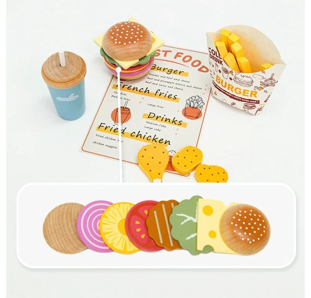 CLTYQ Kinder-Küchenset Holzspielzeug 27-tlg. Fast-Food-Spiel Bunt - Bild 4