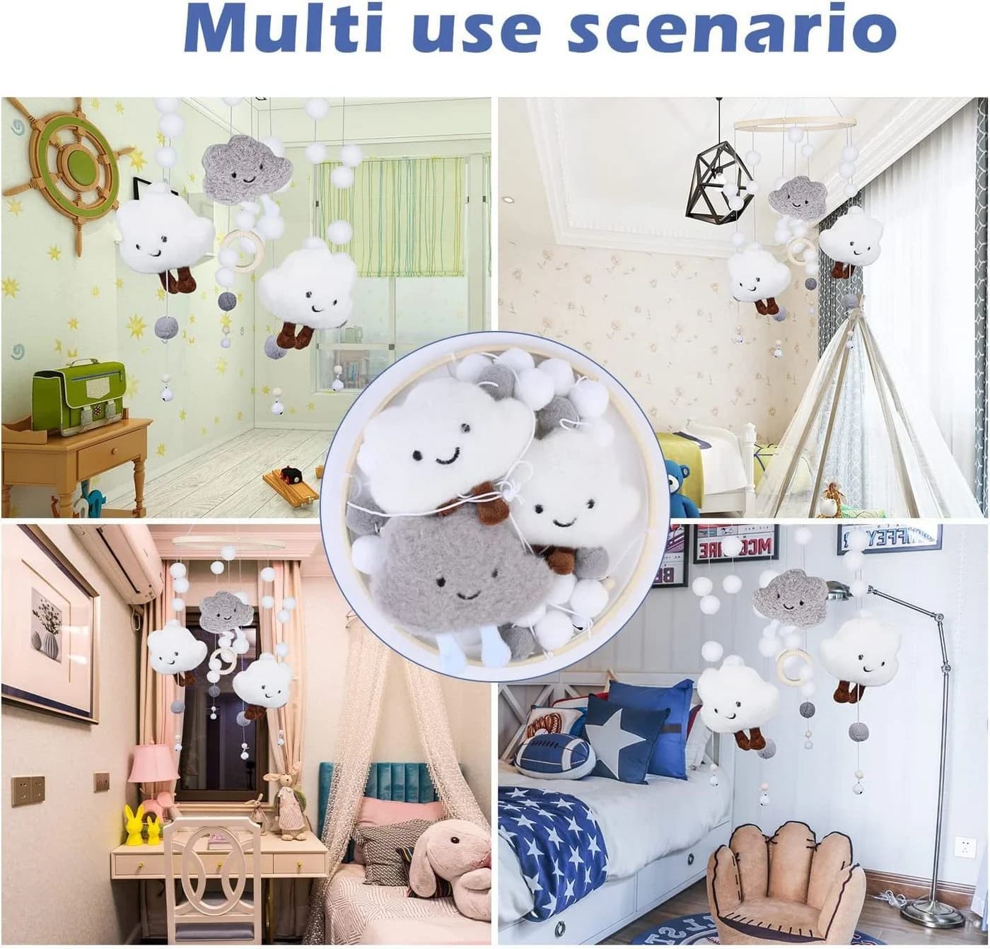 CLTYQ Mobile Windspiele Grau Filzkugeln 3D-Wolkenpuppen Babyzimmer