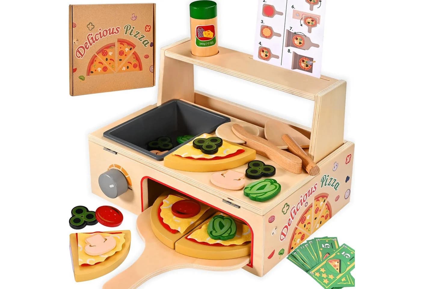 CLTYQ 50-teiliges Pizzaspielzeug aus Holz, Pizzatisch-Set mit Ofen, Spielessen und Zubehör, Montessori-Spielzeug, Küchenspielzeug für Kinder - Bild 2