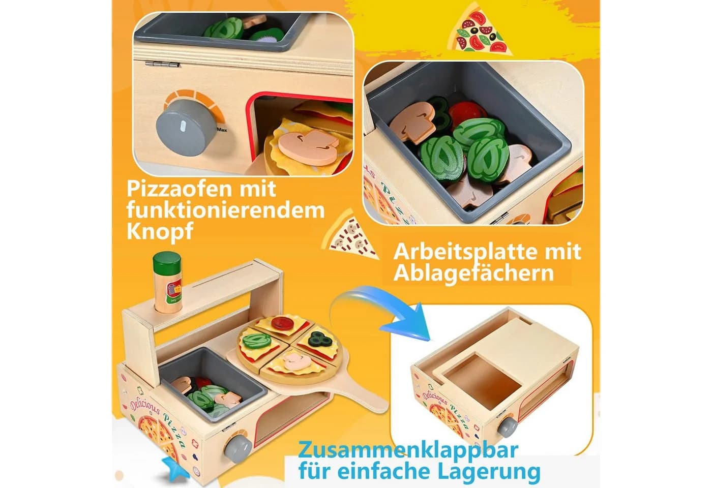 CLTYQ 50-teiliges Pizzaspielzeug aus Holz, Pizzatisch-Set mit Ofen, Spielessen und Zubehör, Montessori-Spielzeug, Küchenspielzeug für Kinder - Bild 3