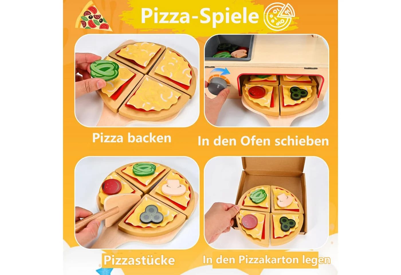 CLTYQ 50-teiliges Pizzaspielzeug aus Holz, Pizzatisch-Set mit Ofen, Spielessen und Zubehör, Montessori-Spielzeug, Küchenspielzeug für Kinder - Bild 5