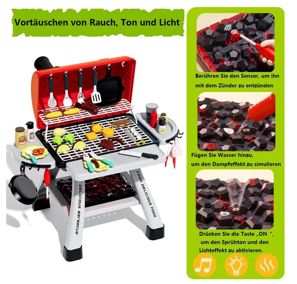 CLTYQ Kinder-Küchenset Kinder-BBQ-Grill-Spielzeugset mit Rauch-, Ton- und Lichtsimulation