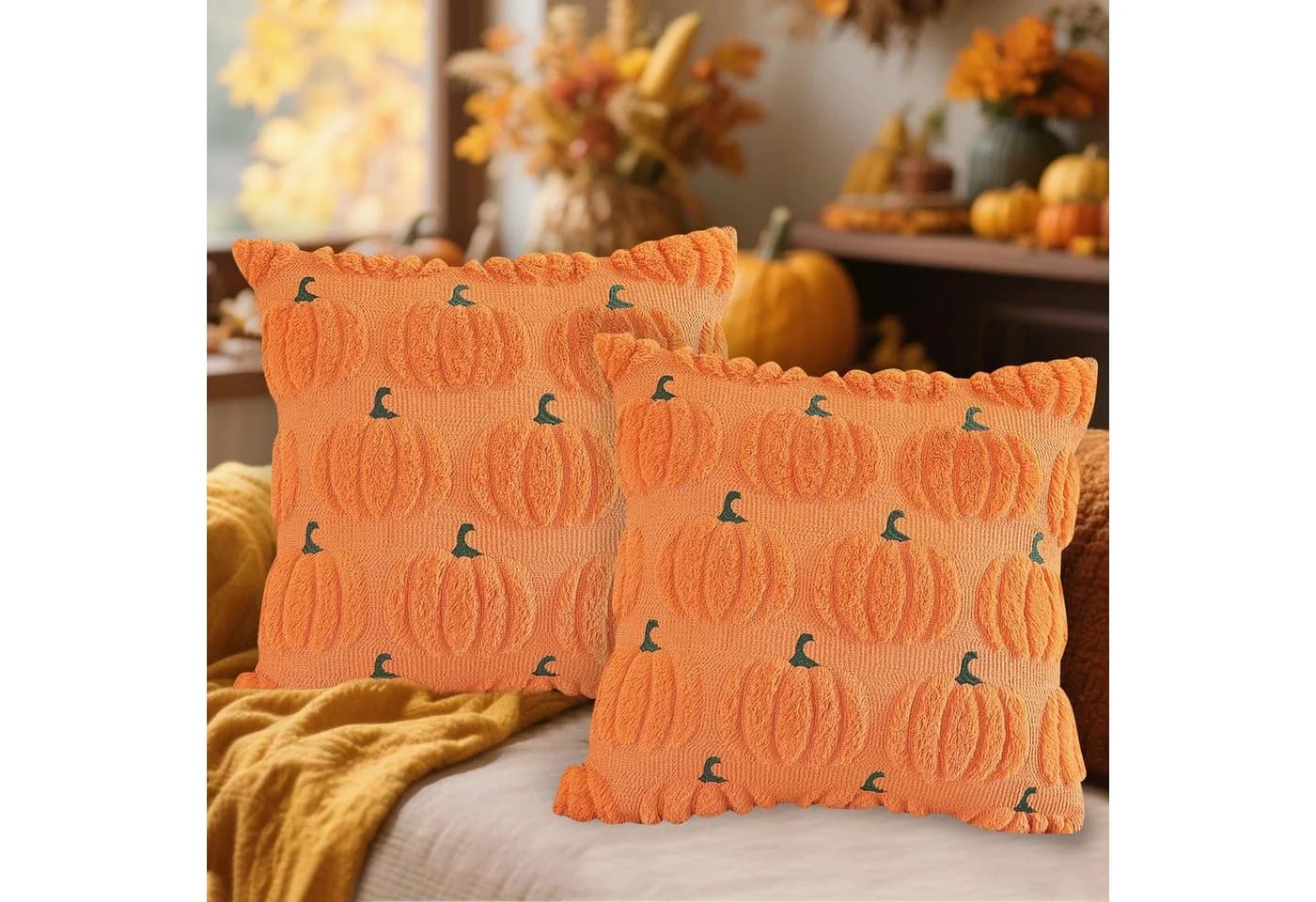 CLTYQ Kissenbezug Herbst Kürbis Orange Kunstfell 45x45 cm 2er-Set