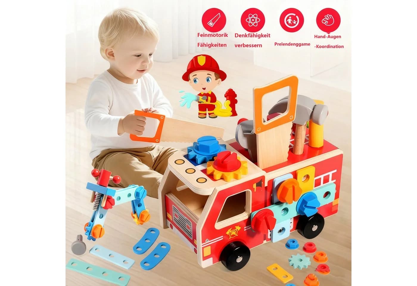 CLTYQ Lernspielzeug 33-teiliges Holz-Kinder-Werkzeug mit Feuerwehr-förmiger Box/Bank, Montessori, Vorschulspielzeug, Geschenke für 3 Jahre alte