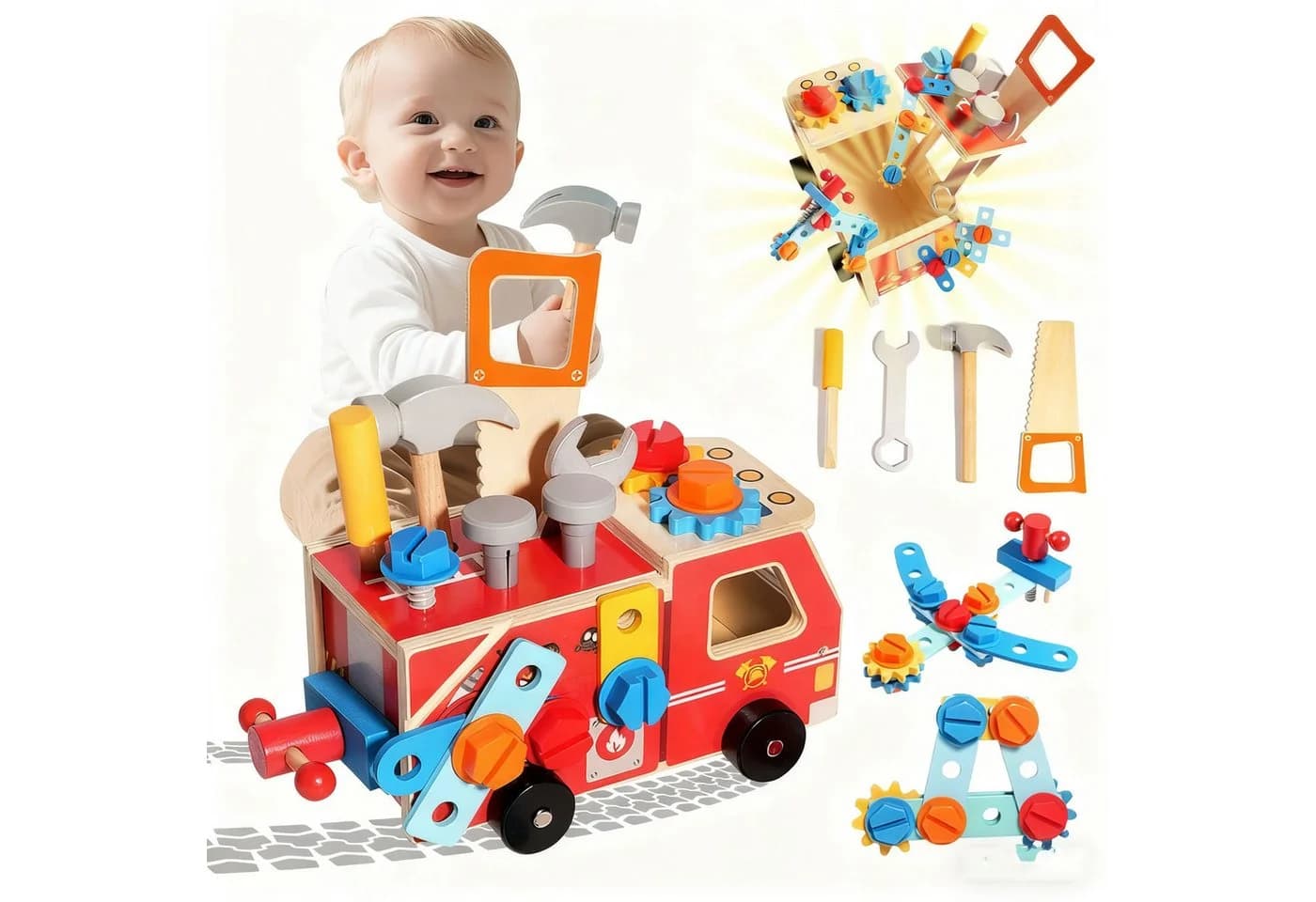 CLTYQ Lernspielzeug 33-teiliges Holz-Kinder-Werkzeug mit Feuerwehr-förmiger Box/Bank, Montessori, Vorschulspielzeug, Geschenke für 3 Jahre alte - Bild 2
