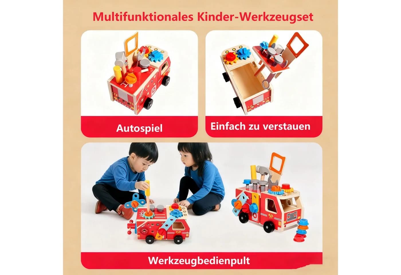 CLTYQ Lernspielzeug 33-teiliges Holz-Kinder-Werkzeug mit Feuerwehr-förmiger Box/Bank, Montessori, Vorschulspielzeug, Geschenke für 3 Jahre alte - Bild 3