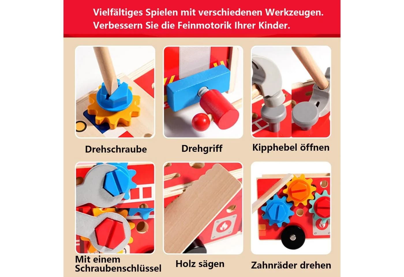 CLTYQ Lernspielzeug 33-teiliges Holz-Kinder-Werkzeug mit Feuerwehr-förmiger Box/Bank, Montessori, Vorschulspielzeug, Geschenke für 3 Jahre alte - Bild 4