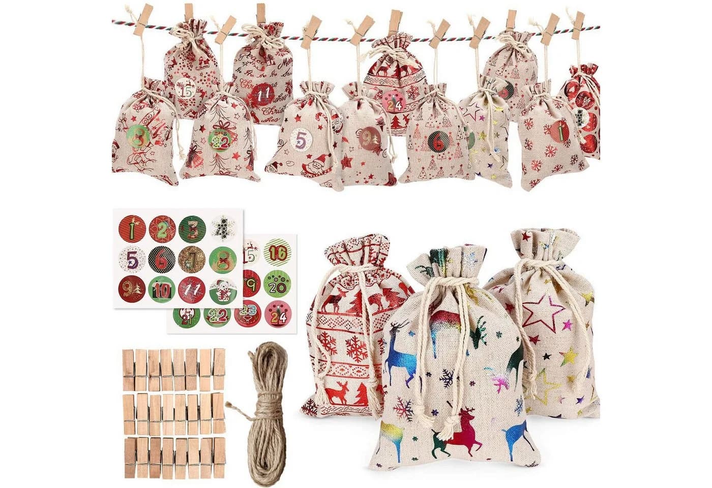 CLTYQ Adventskalender zum Befüllen DIY Set mit 24 Jutesäckchen - Bild 2