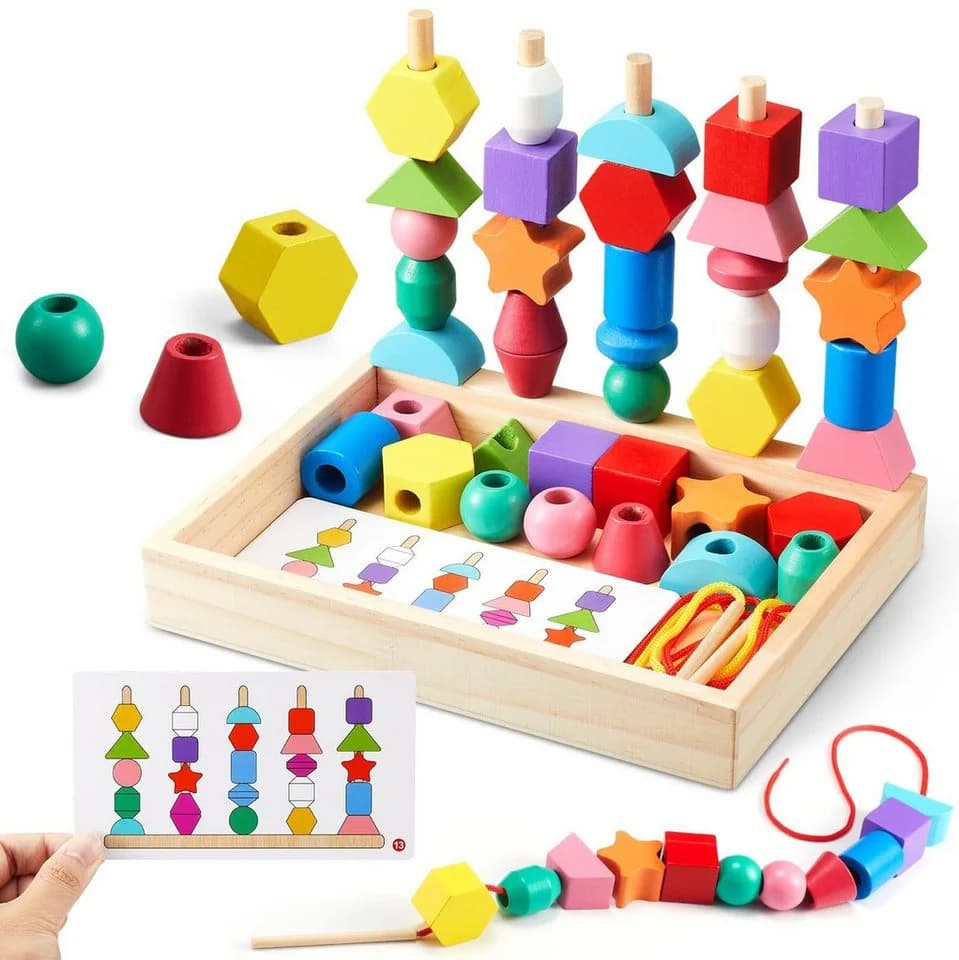 CLTYQ Montessori-Spielzeug Fädelspiel Bausteine Sortierspiel Holz Stapelspiel - Bild 2