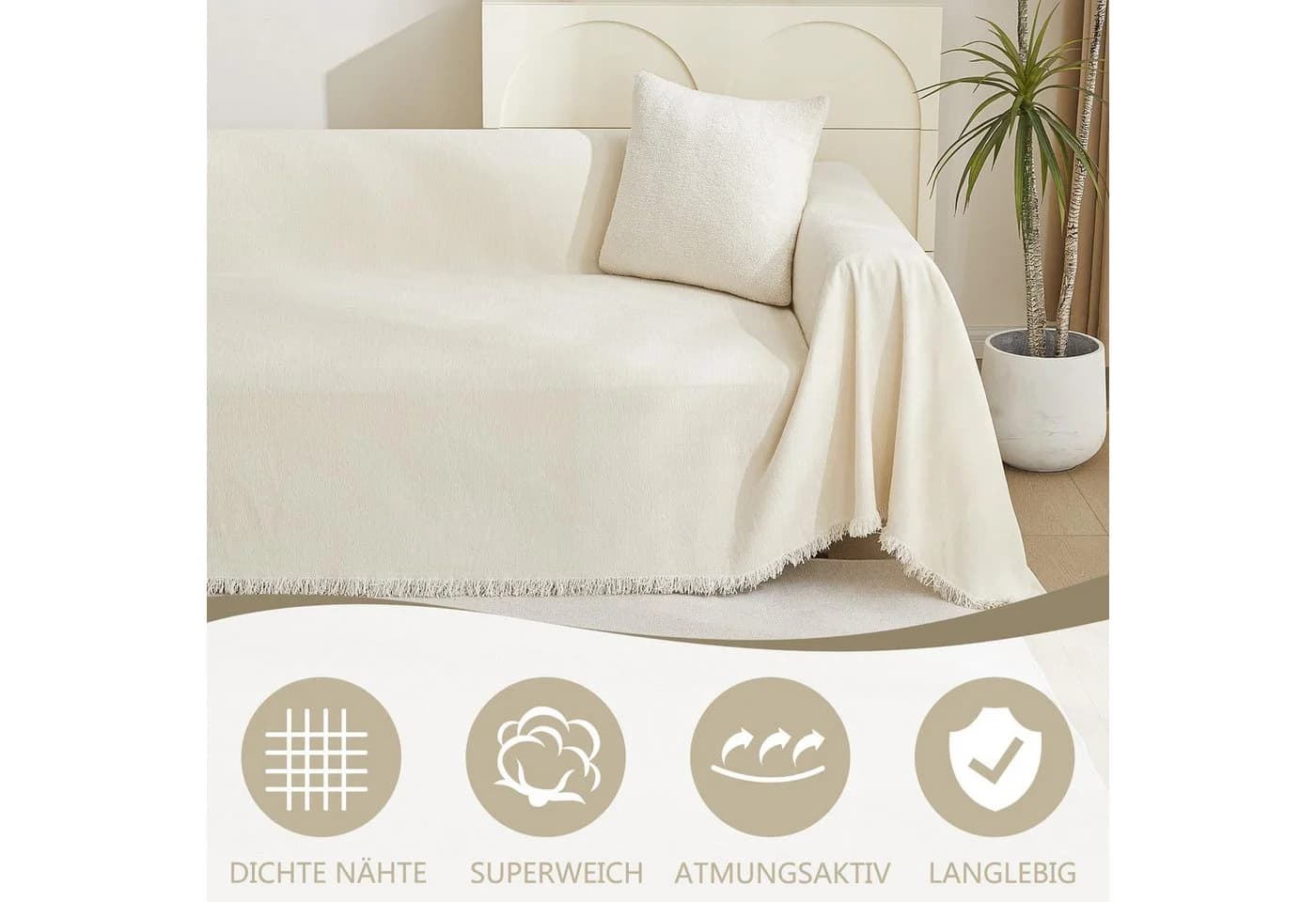 Coonoor Kratzmatte Sofaüberwurf Chenille Beige mit Quasten