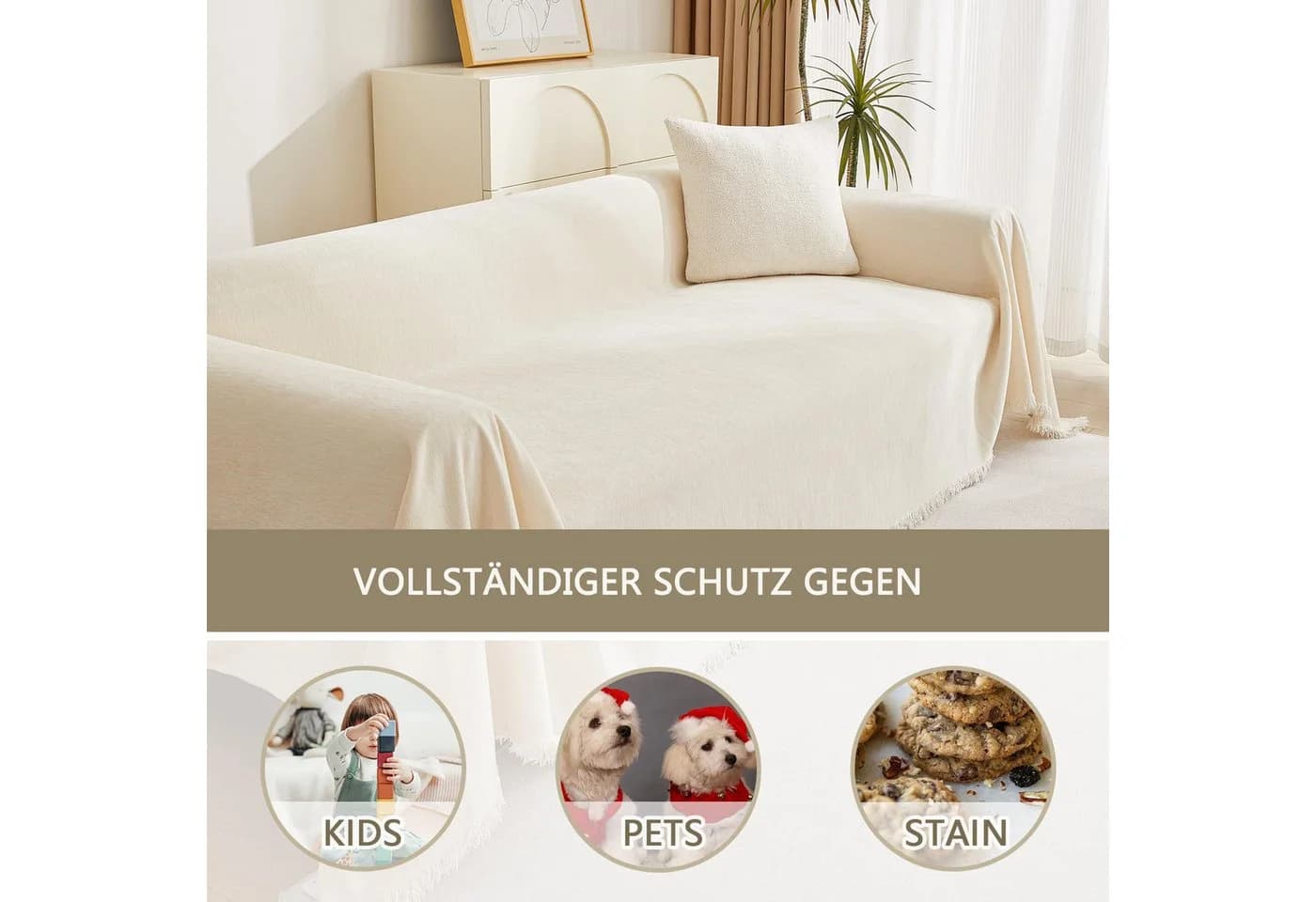 Coonoor Kratzmatte Sofaüberwurf Chenille Beige mit Quasten - Bild 3
