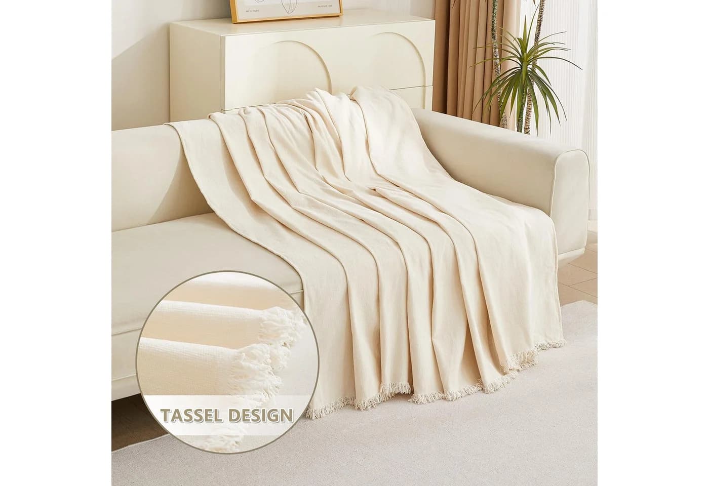 Coonoor Kratzmatte Sofaüberwurf Chenille Beige mit Quasten - Bild 4