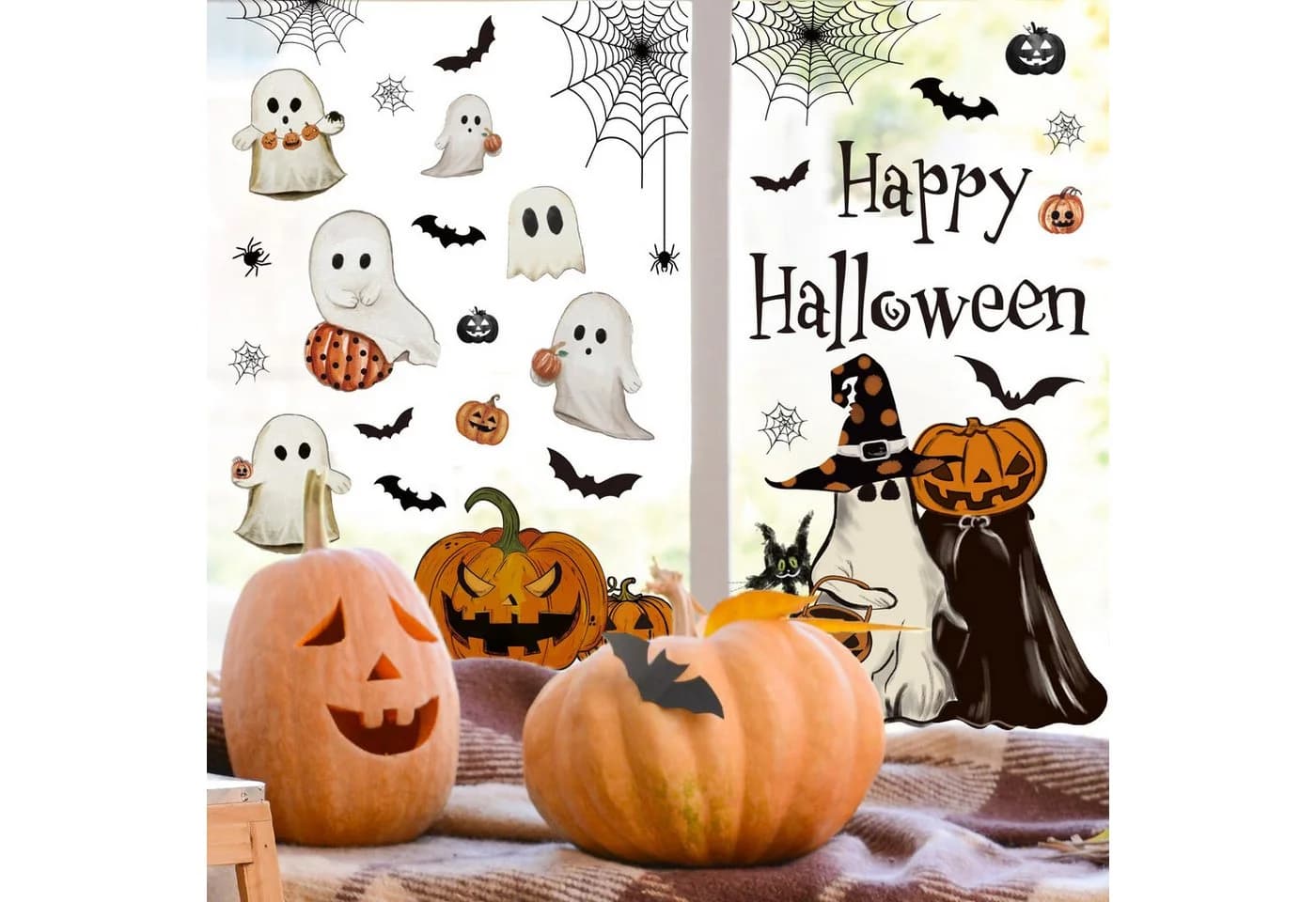 CLTYQ 6er Halloween Fensteraufkleber Vintage Geist Kürbis Fledermaus