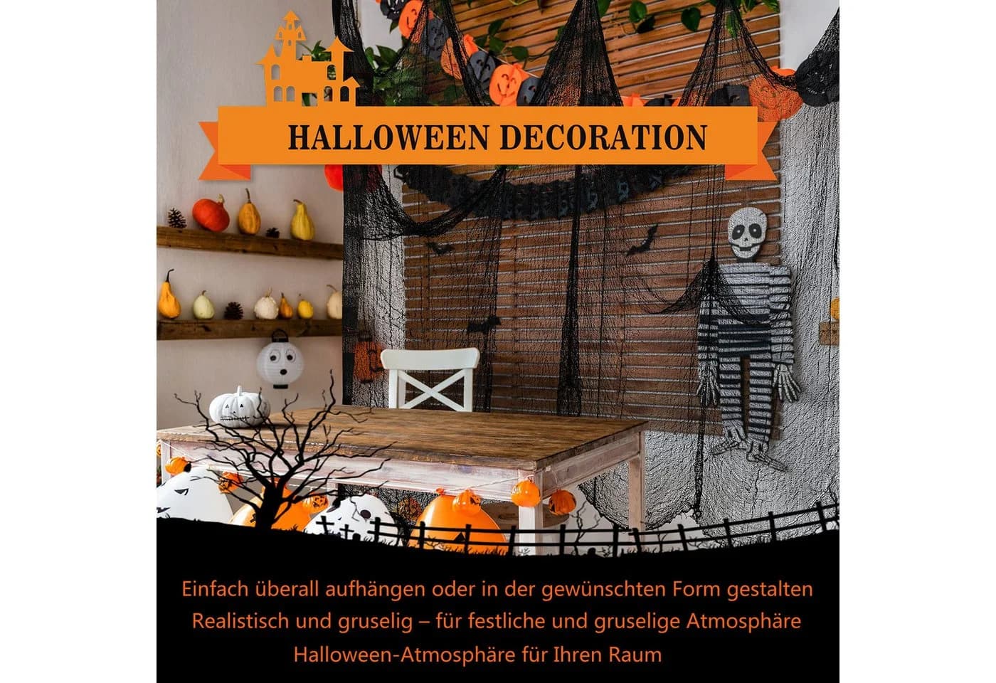 CLTYQ Halloween-Gaze-Stoff-Dekoration 5er-Set Gruselig Schwarz