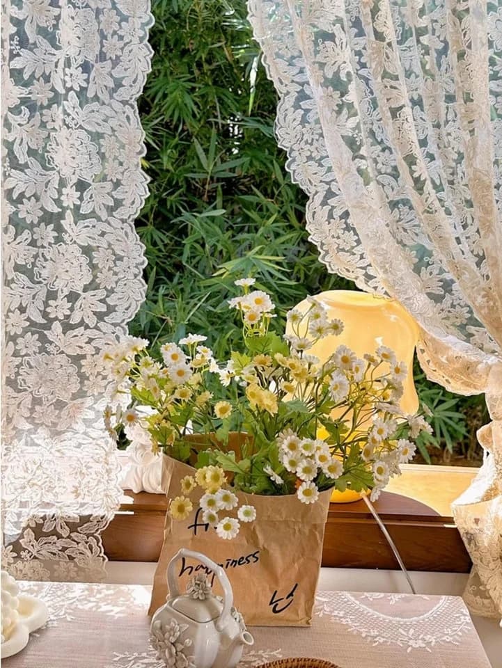 Coonoor Gardine 2er-Set Spitzengaze Retro Beige Stickerei - Bild 5