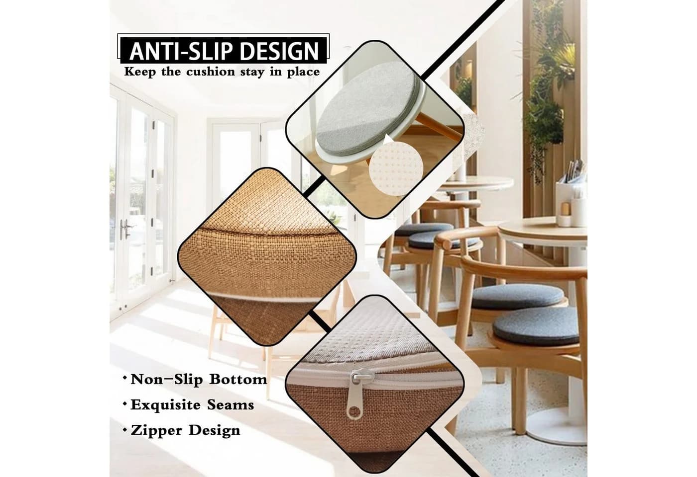Coonoor Stuhlkissen Rund Beige Leinen Sitzkissen mit rutschfester Basis - Bild 3