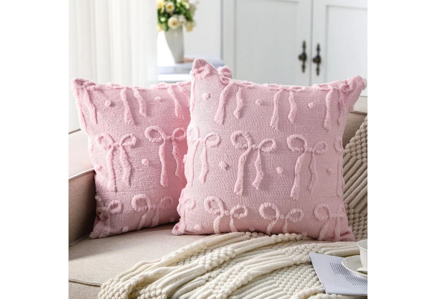 CLTYQ Kissenbezug Dekorativ Rosa Plüsch 45x45 cm (2 Stück) mit Schleife - Bild 5