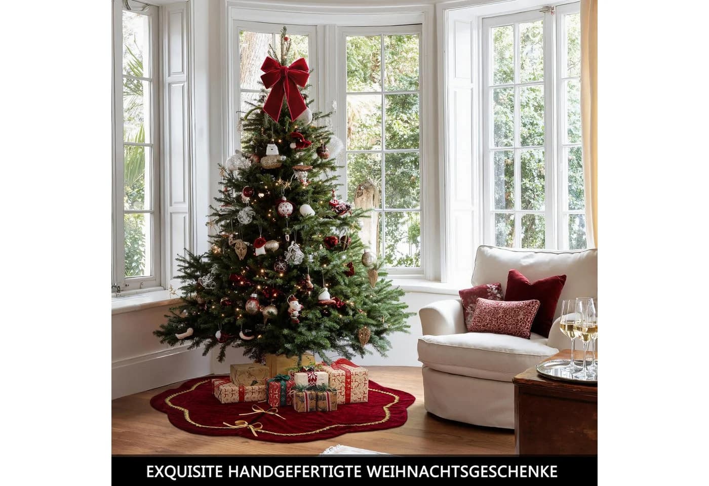 CLTYQ Weihnachtsbaumdecke Samt & Plüsch Rot Mit Goldspitze - Bild 5