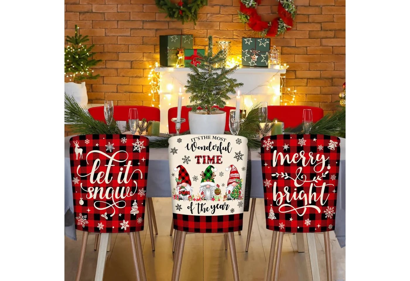 CLTYQ Stuhlhusse 6er-Set rot-schwarz kariert mit Weihnachtsmotiven - Bild 4