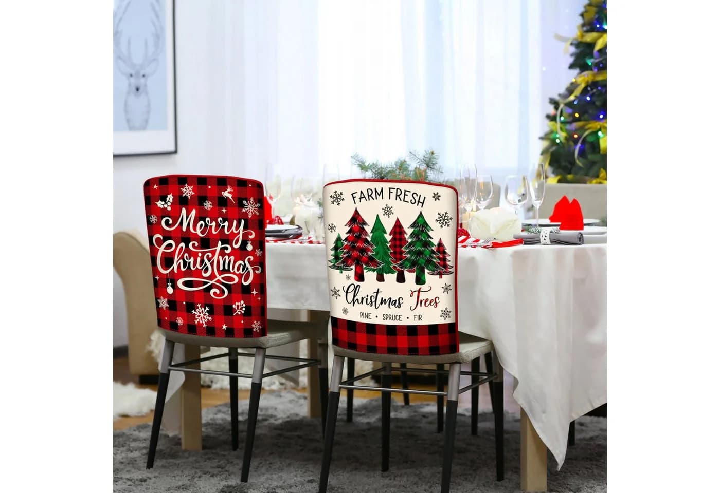 CLTYQ Stuhlhusse 6er-Set rot-schwarz kariert mit Weihnachtsmotiven - Bild 5