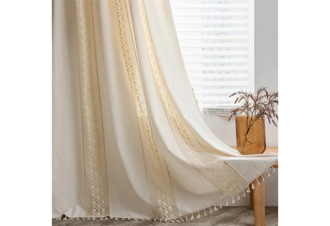 Minicloss Vorhang Boho Beige Gehäkelte Spitze Fransen
