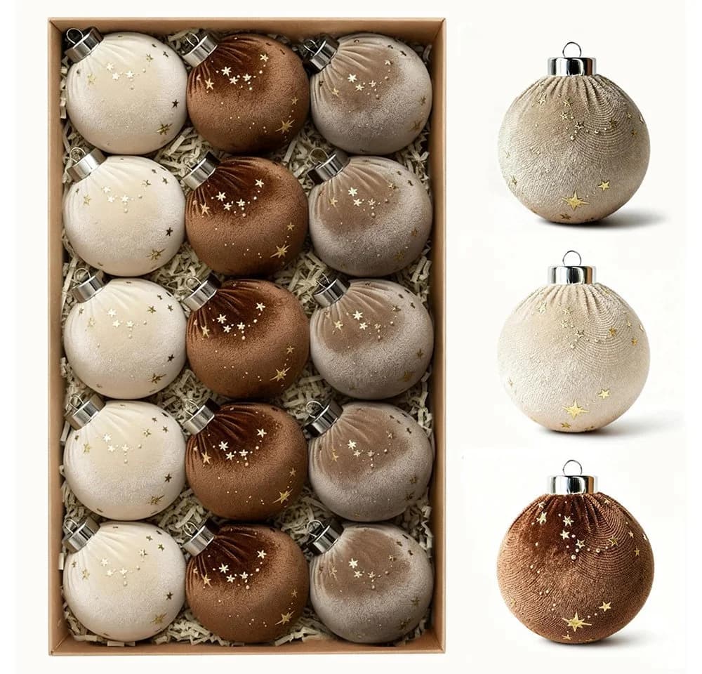 CLTYQ Weihnachtsbaumkugeln 15-teilig Samt Braun/Grün/Beige 8 cm - Bild 2