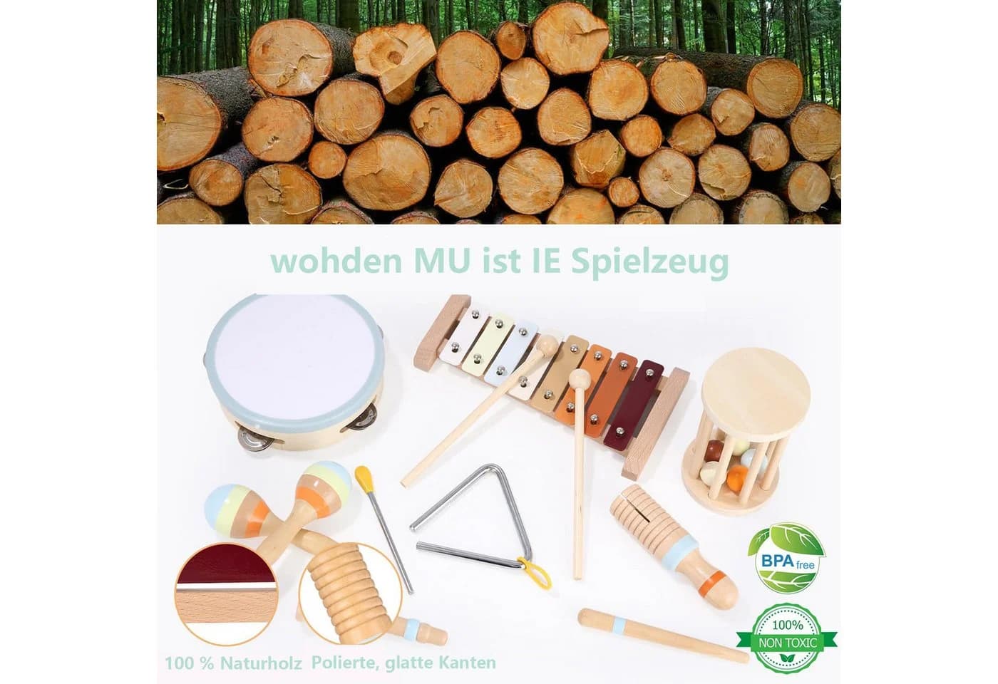 CLTYQ Spielzeug-Musikinstrumenten-Set 12 PCS, Montessori-Holzspielzeug, Percussion-Instrumente mit Xylophon - Bild 5