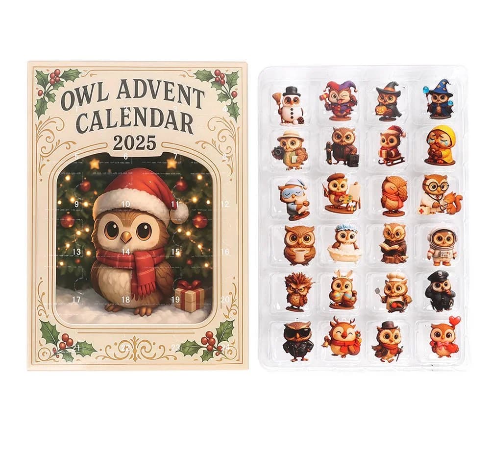 CLTYQ Adventskalender Eulen-Adventskalender 2025 24-tägiger Weihnachtskalender Flaches Muster 24 Geschenke mit Mini-Eulenfiguren - Bild 2