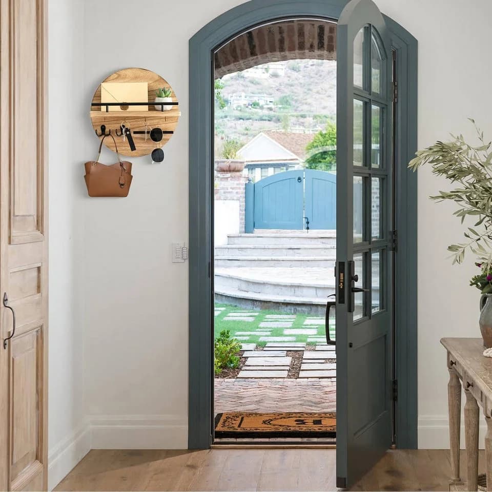 Venkuber Schlüsselbrett mit Regal und Haken, Wandmontierter Postorganizer im Runddesign, für Eingangsbereich, Rustikale Boho-Wanddekoration