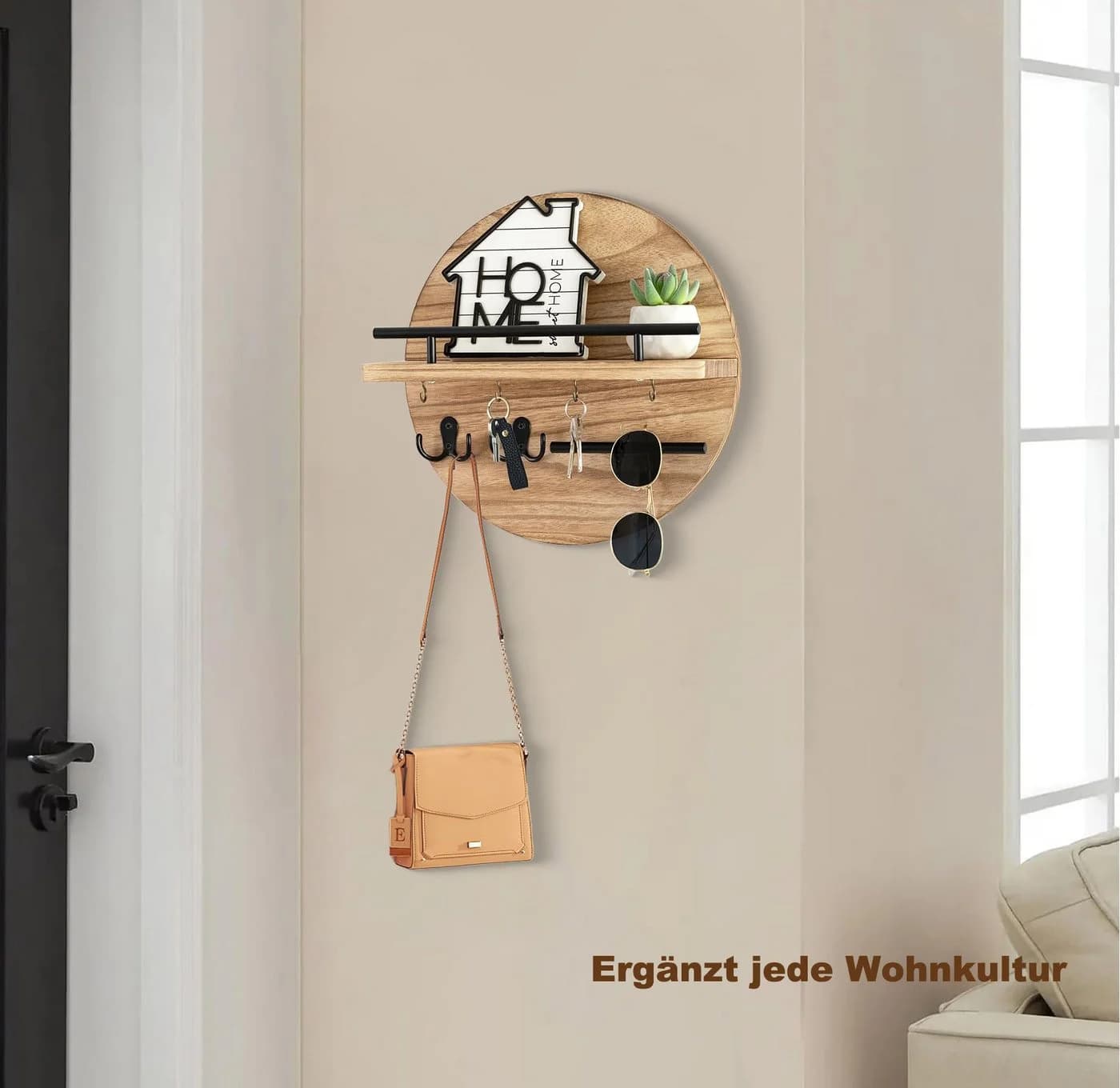Venkuber Schlüsselbrett mit Regal und Haken, Wandmontierter Postorganizer im Runddesign, für Eingangsbereich, Rustikale Boho-Wanddekoration - Bild 3