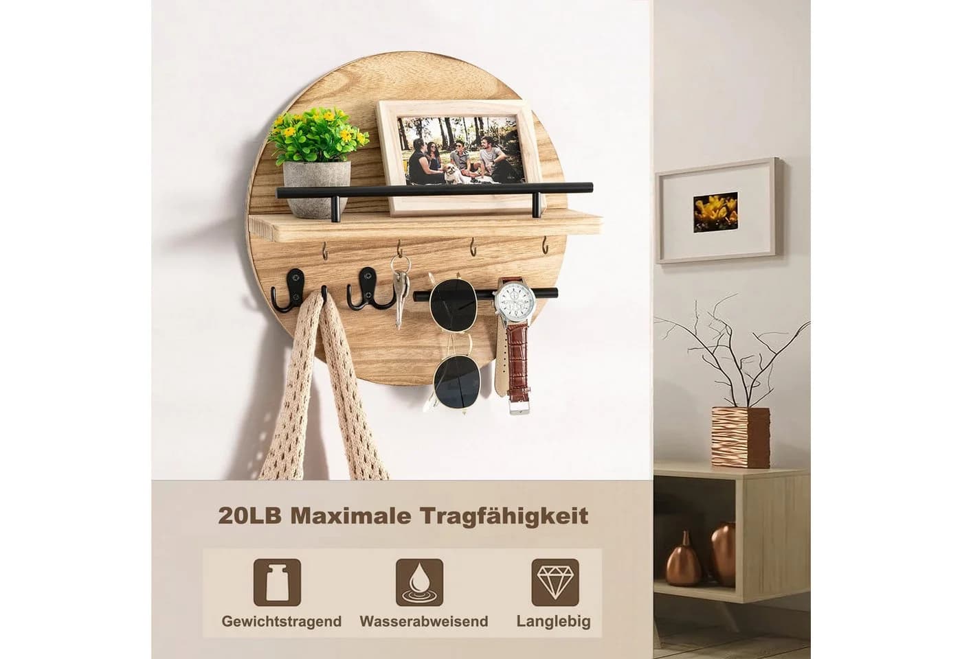 Venkuber Schlüsselbrett mit Regal und Haken, Wandmontierter Postorganizer im Runddesign, für Eingangsbereich, Rustikale Boho-Wanddekoration - Bild 4