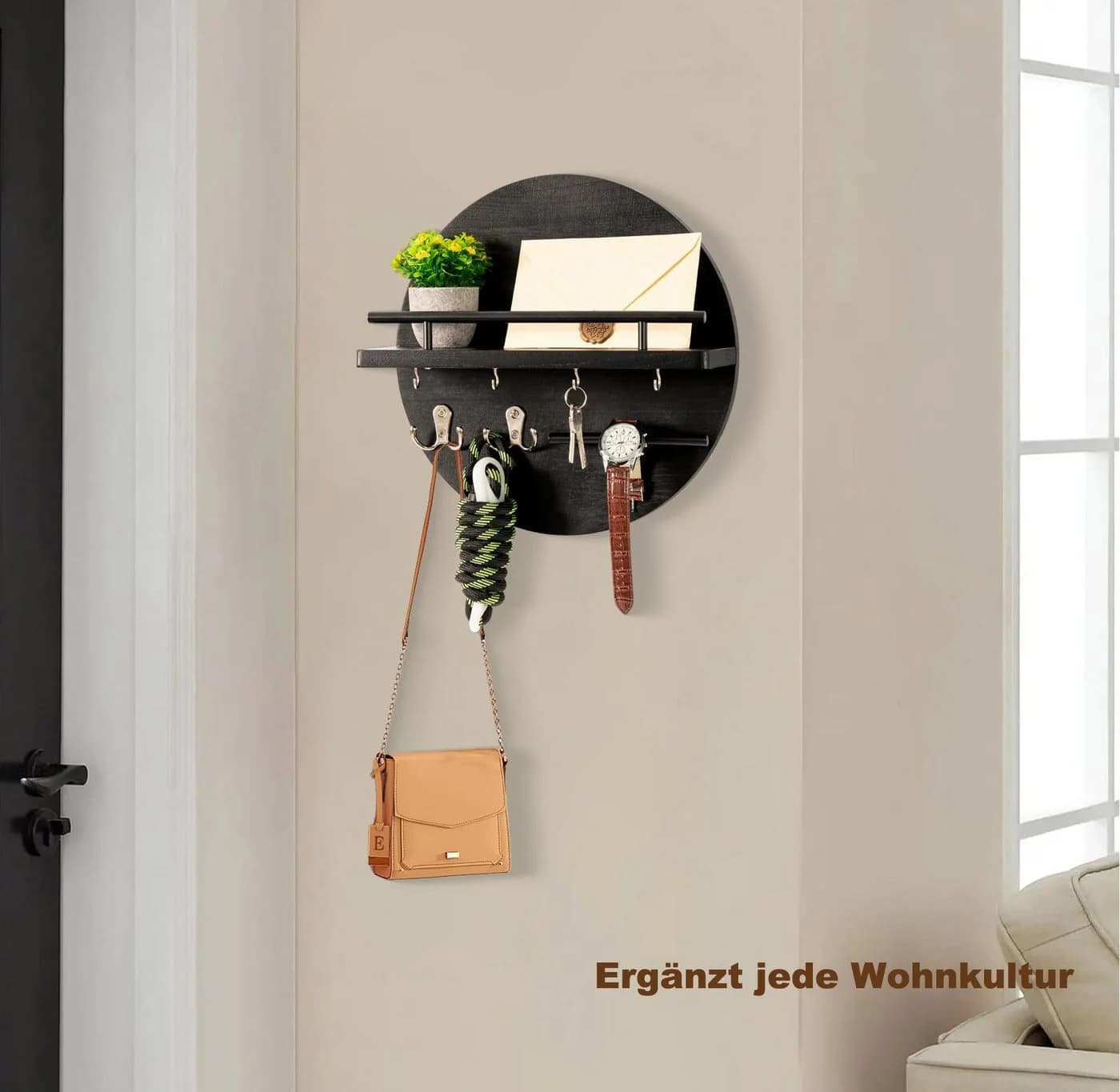Venkuber Schlüsselbrett mit Regal und Haken, Wandmontierter Postorganizer im Runddesign - Bild 3