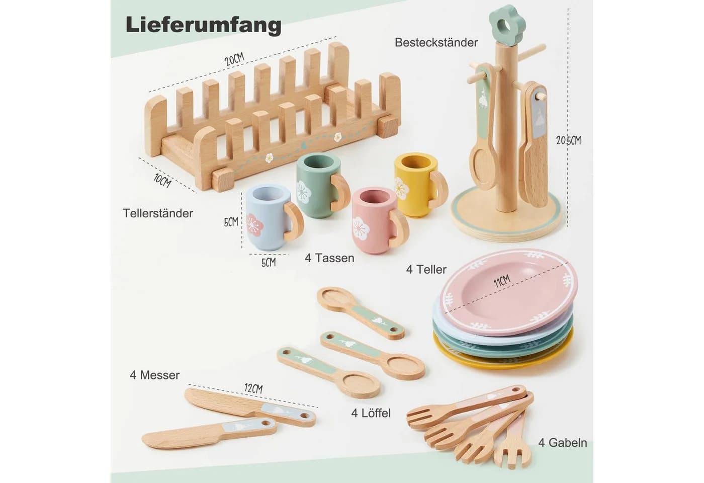 CLTYQ Spielgeschirr Kinder Set Holz 21-tlg. mit Ständern - Bild 5