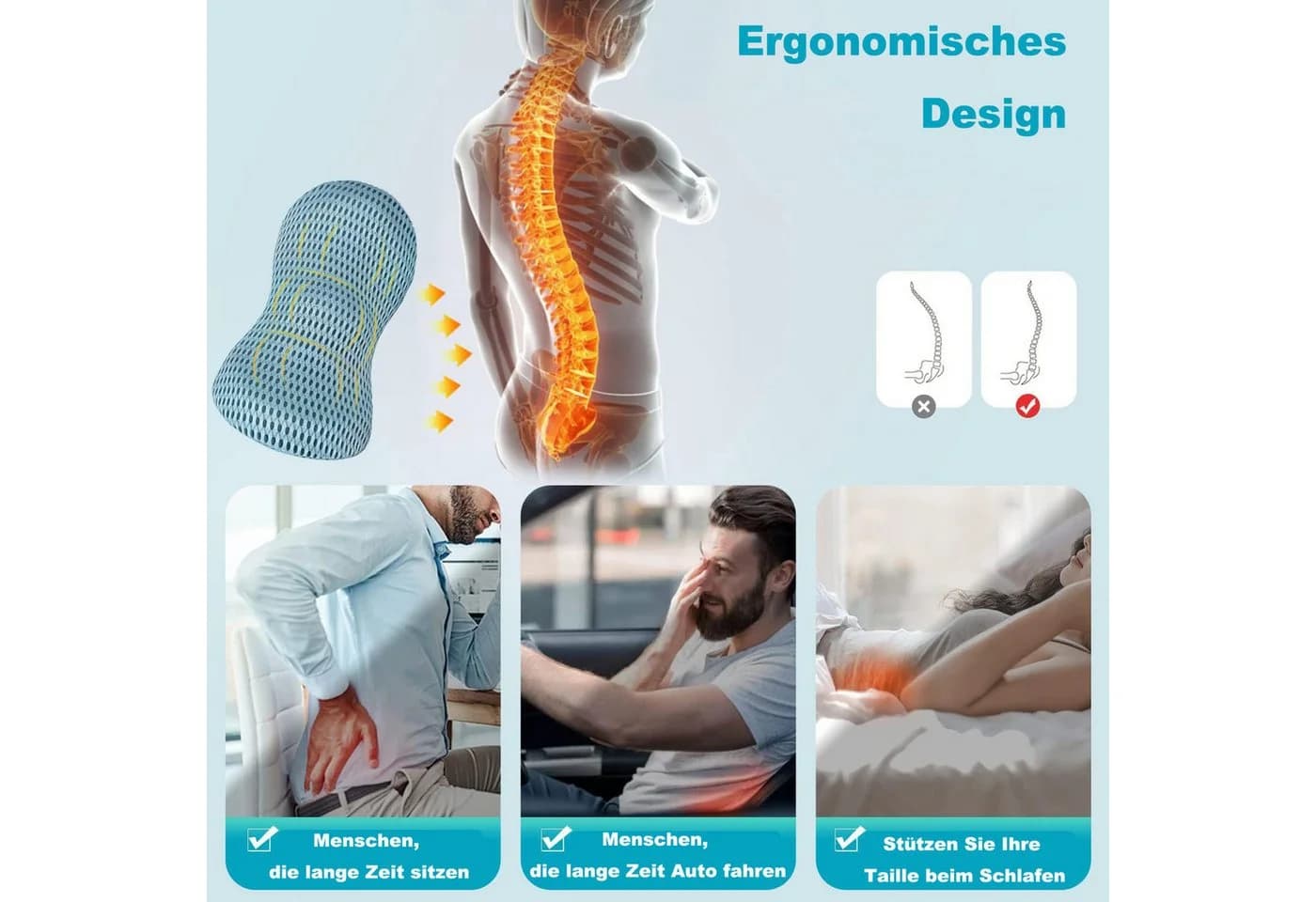 Zaewry Ergonomisches Rückenkissen Memory Foam Lendenstütze Blau - Bild 4