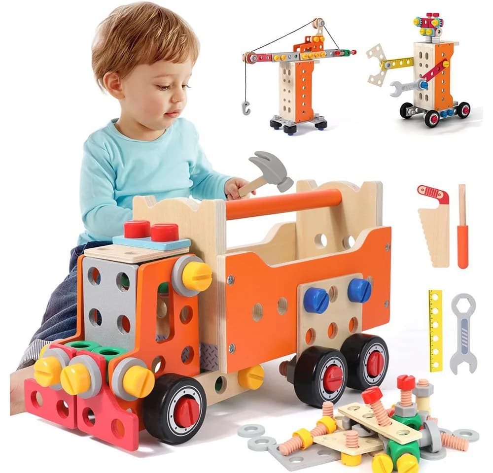 CLTYQ Spielwerkzeugkoffer Holz-Werkzeugset für Kinder 124-tlg. mit Akku-Schrauber - Bild 2