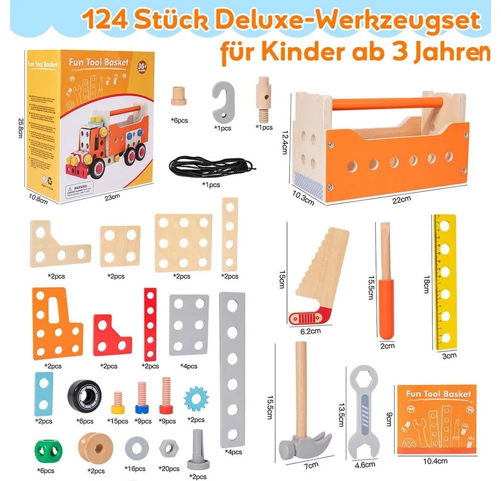 Zaewry 124-tlg. Holz-Werkzeugset Lernspielzeug Montessori