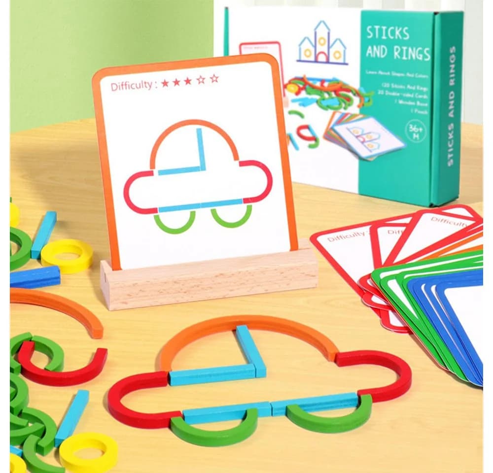 Zaewry Lernspielzeug Holzstäbe- und Ring-Bauspiel Montessori Puzzle Tangram - Bild 4
